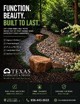 Texas Landscapes & Design ad with stone pathway, lush greenery, and bold white-green slogan text
