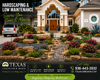 Texas landscaping ad with low-maintenance front yard, house, and contact information