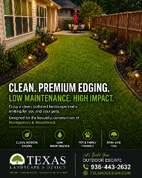 Landscape edging ad for Texas Property Care, showing a neatly edged garden walkway at dusk