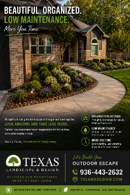 Landscaped home exterior ad with curved walkway, shrubs, and Texas Landscape logo, low-maintenance theme