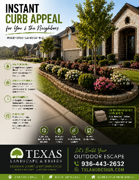 Landscape design ad for Texas Landscape & Design with home, flower beds, and “Instant Curb Appeal” headline