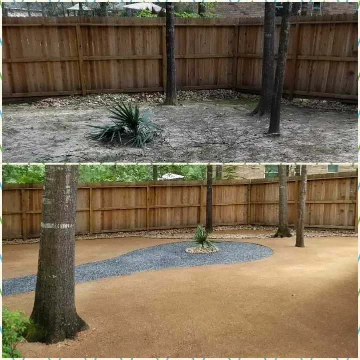Before and after comparison of a backyard with a wooden fence. The before shows dirt and some weeds. The after has gravel and a ground cover.