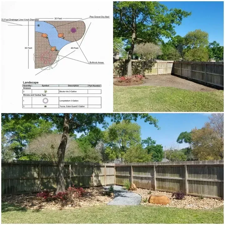 Landscaping design plan with photos of the finished project, featuring a backyard with rock and plants, and a wooden fence.