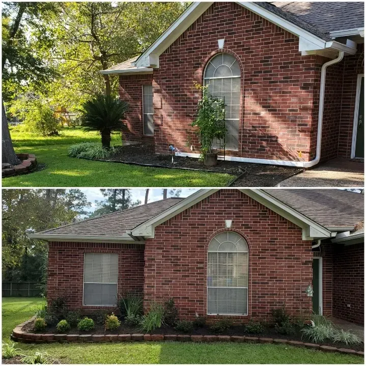 Comparison of a red brick house before and after landscaping with plants and trimmed bushes.