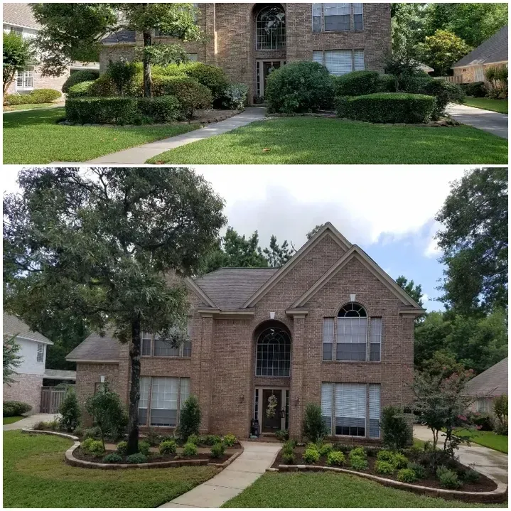 Before-and-after view of a brick house with landscaping. The 