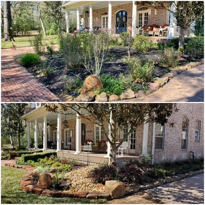 Two photos show a house's front yard and landscaping before and after renovation.