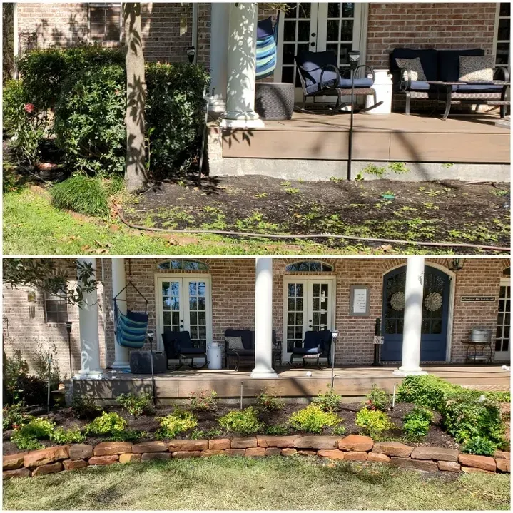 Before and after of a house front yard with a porch. Bottom half shows a brick retaining wall and new plants.