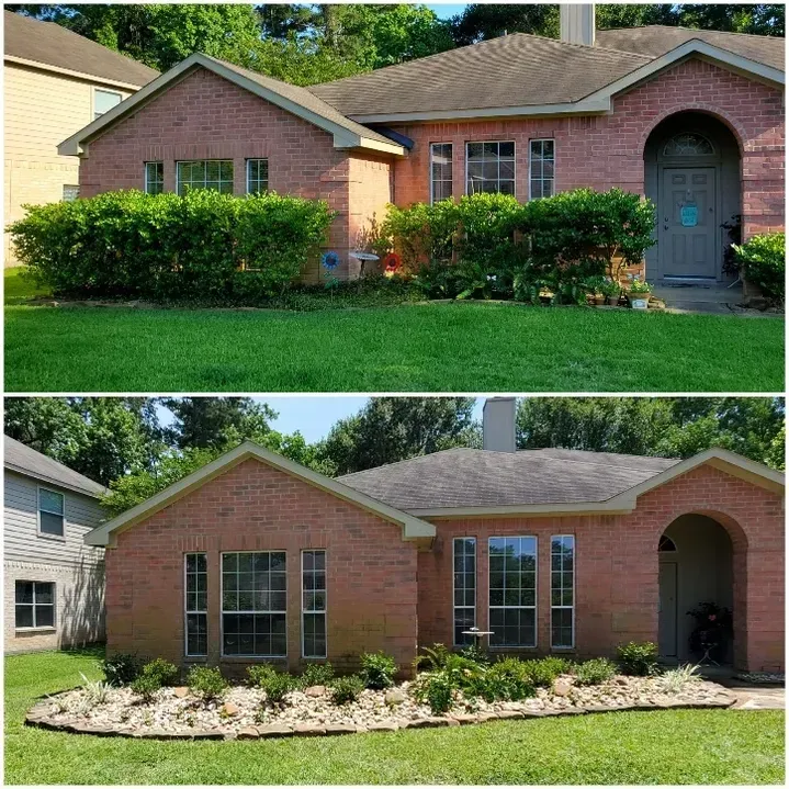 Before-and-after of a brick house. Top: bushes in front. Bottom: Landscaping with rocks. Green lawn.