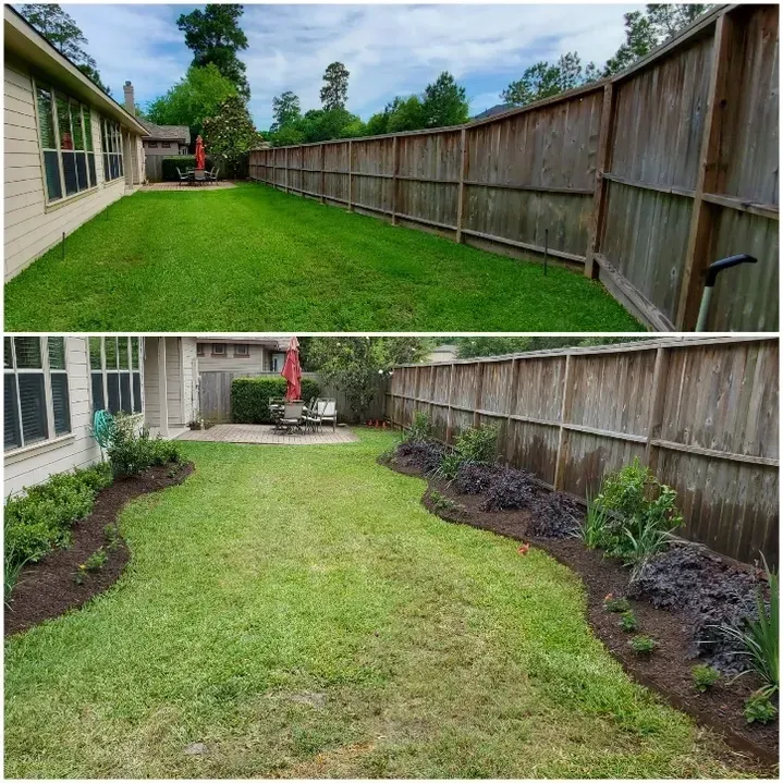 Before-and-after of a backyard: lush lawn with fence, then bordered beds with new plants.