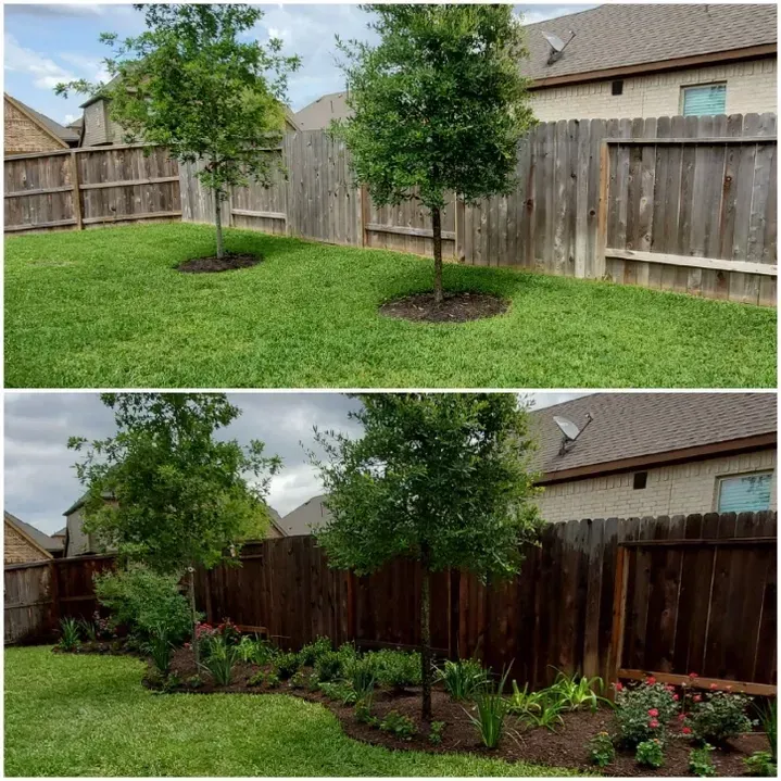 Before-and-after of a backyard. Top: green grass, trees. Bottom: new garden beds with plants and mulch.