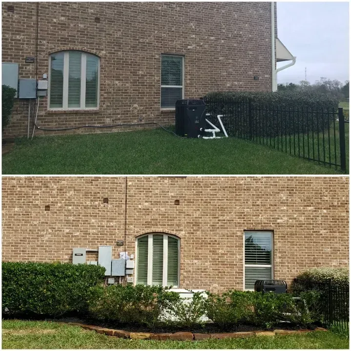 Comparison: before and after landscaping of a brick house. Green shrubs border the foundation.