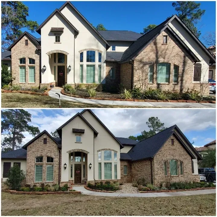 Two-panel view: before-and-after exterior house painting. Top: beige stucco, brick, and brown shutters. Bottom: similar colors with updated dark blue roof.