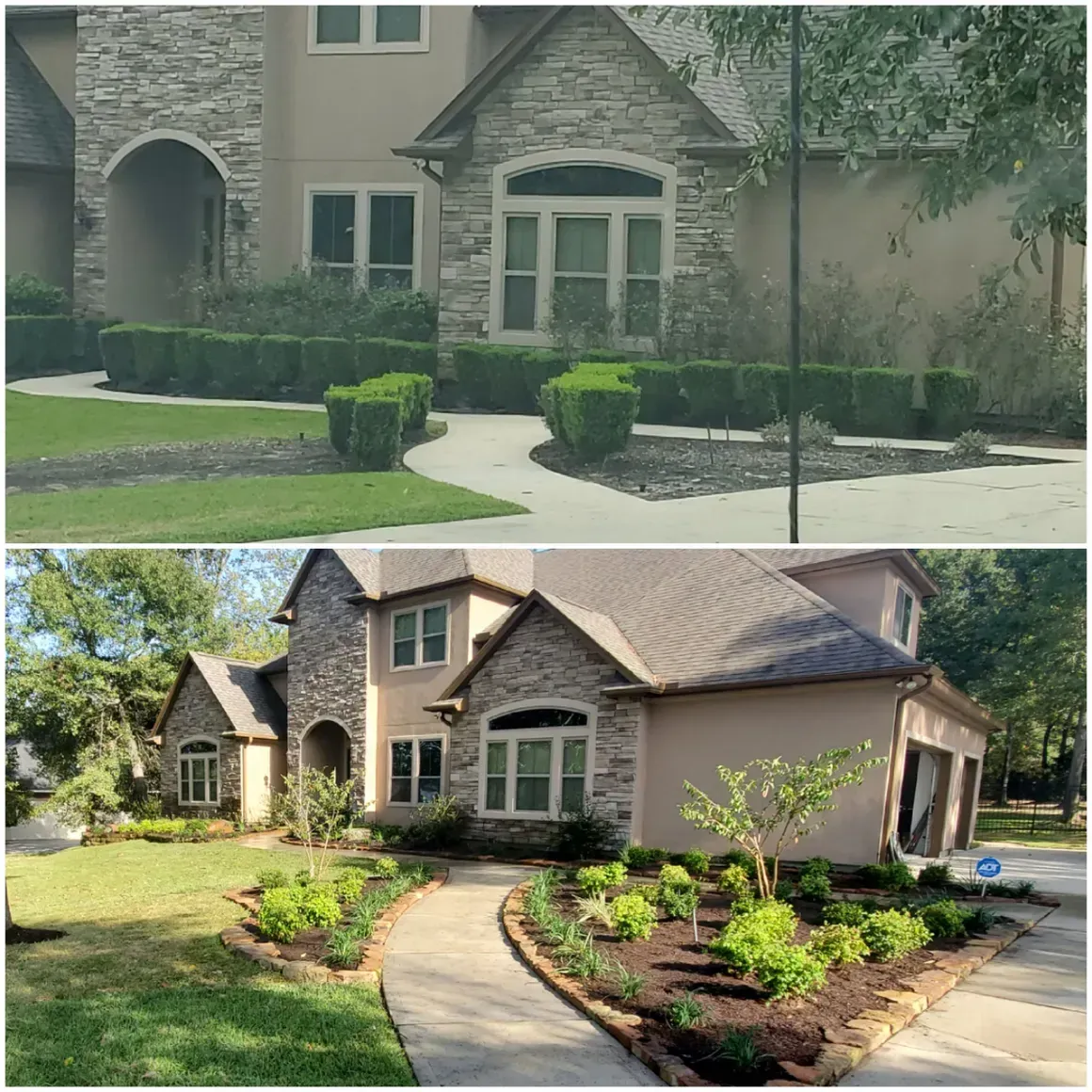 Top image: house with trimmed bushes. Bottom image: house with new garden beds, green plants.