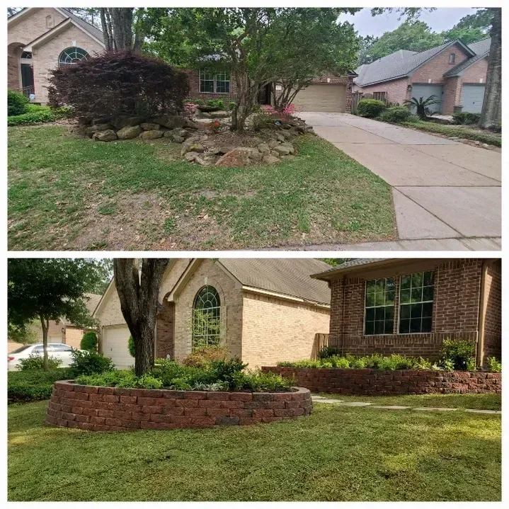 Before and after photos of a home's landscaping, showing a brick-lined flower bed replacing grass and overgrown shrubs.