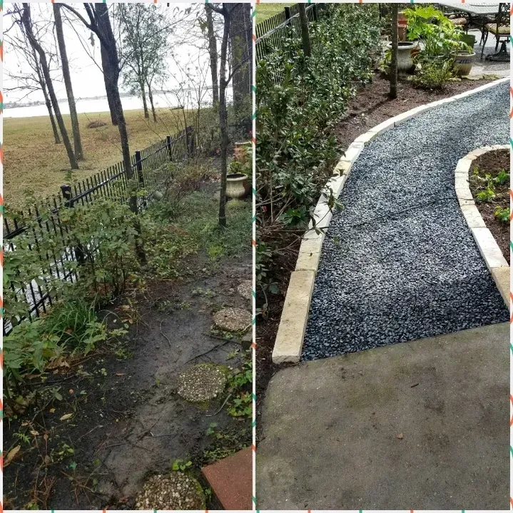 Before and after images of a pathway. Left shows a muddy path, right shows a gravel path with stone edging.
