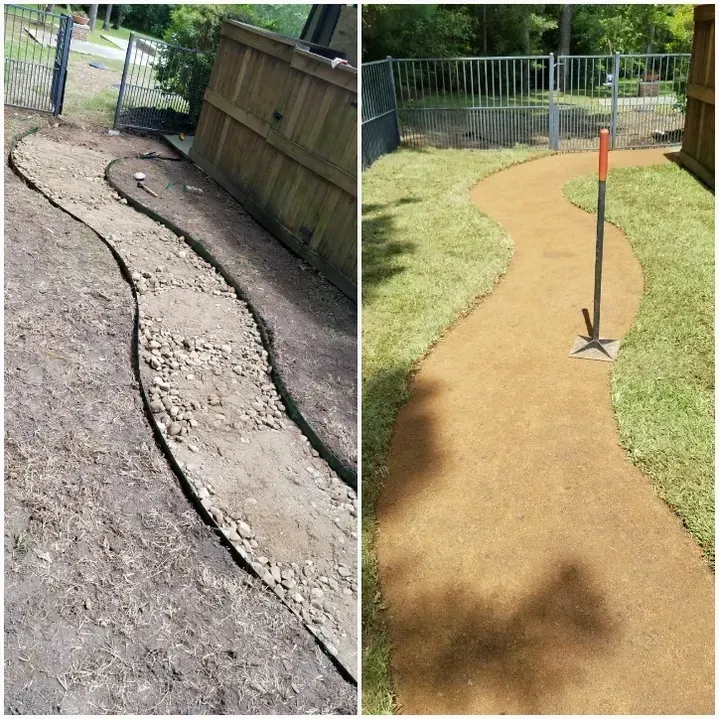 Before and after of a meandering garden pathway:  before with dirt and rocks, after with a tan, compacted surface.
