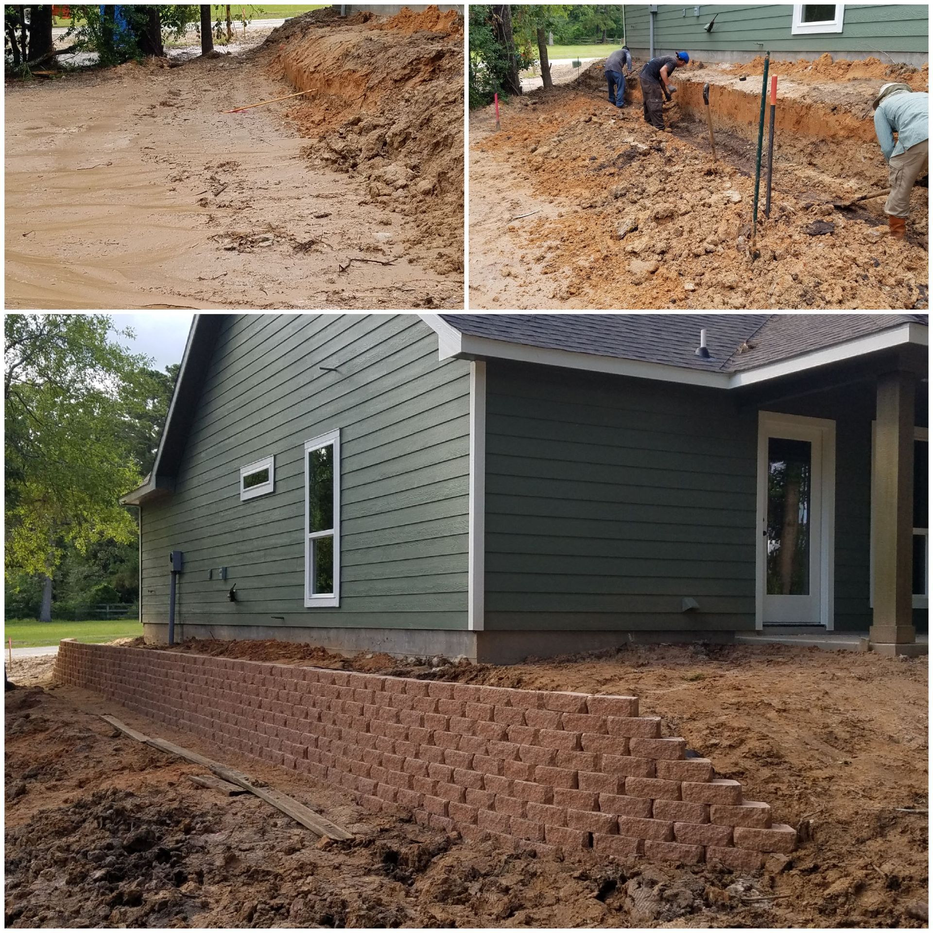 Retaining wall construction: Excavation, workers building with brown blocks, next to a green house.