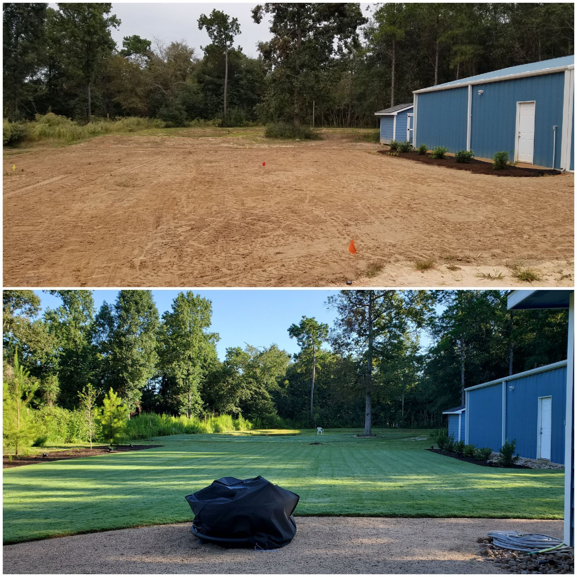 Top: Brown yard and blue building. Bottom: Green lawn, black bag, and blue building.