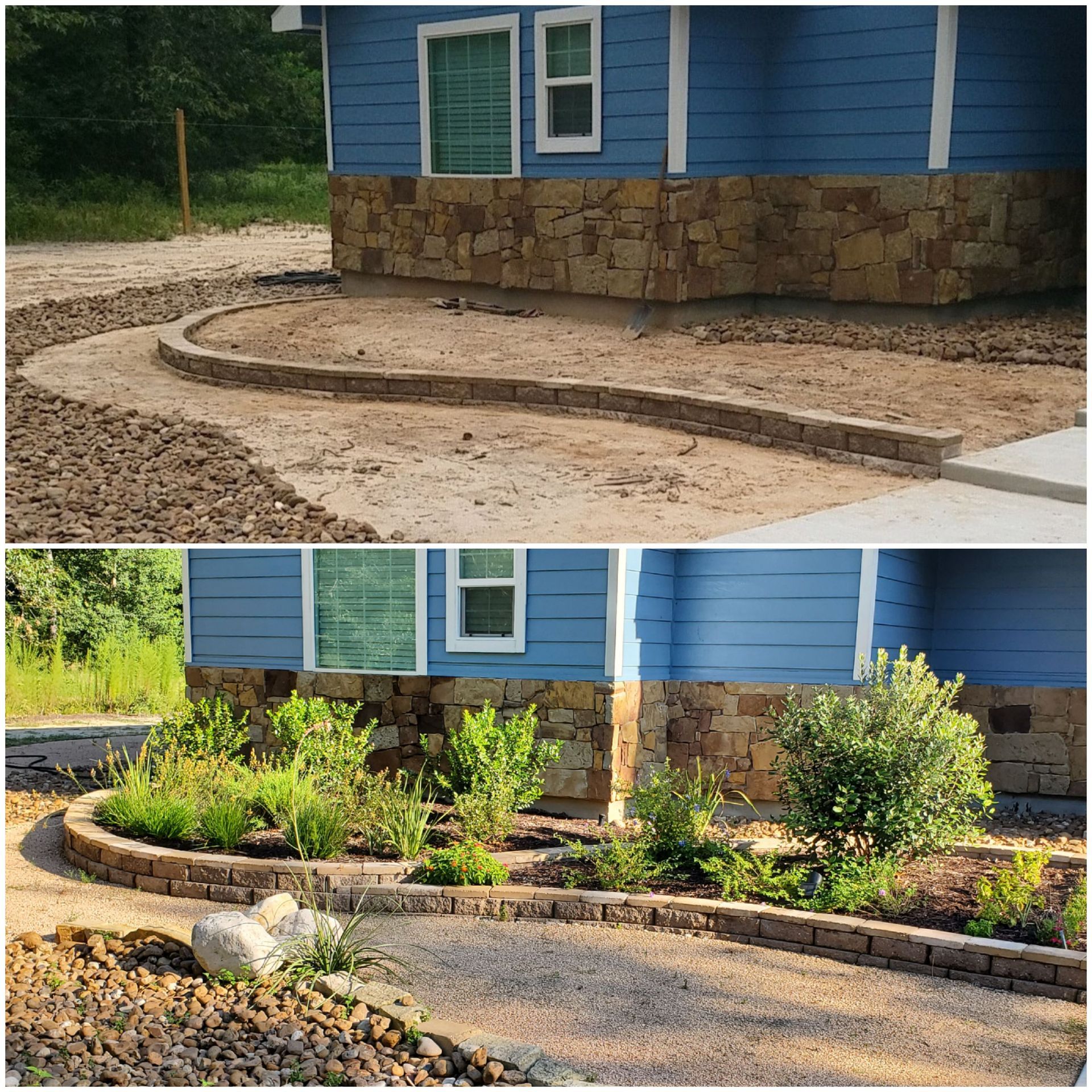 Before and after of a house with a blue exterior and stone base, showing landscaping progress.