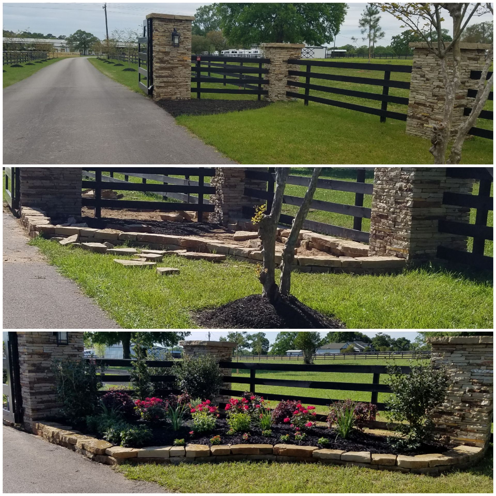 Three views of a stone and black fenced entrance with landscaping. Driveway, green grass, and flowering plants are visible.