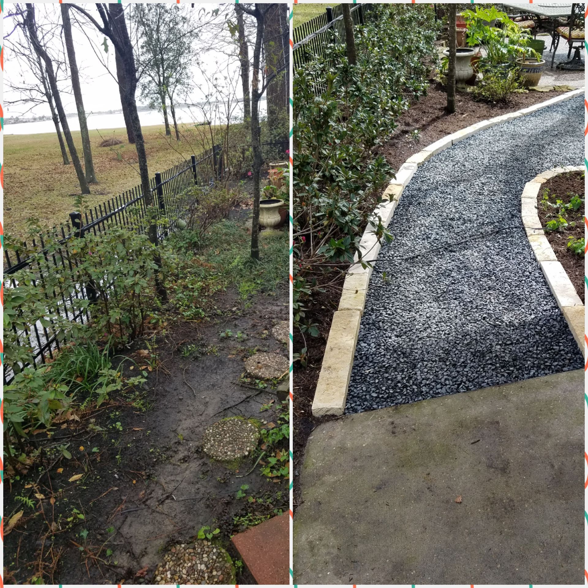Before and after of a garden pathway: overgrown dirt path transformed into a gravel path with edging.