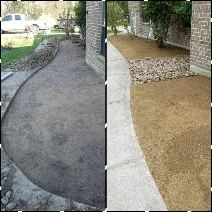 Side-by-side view of a yard with a concrete walkway. One side has dark soil, the other has lighter-colored soil.