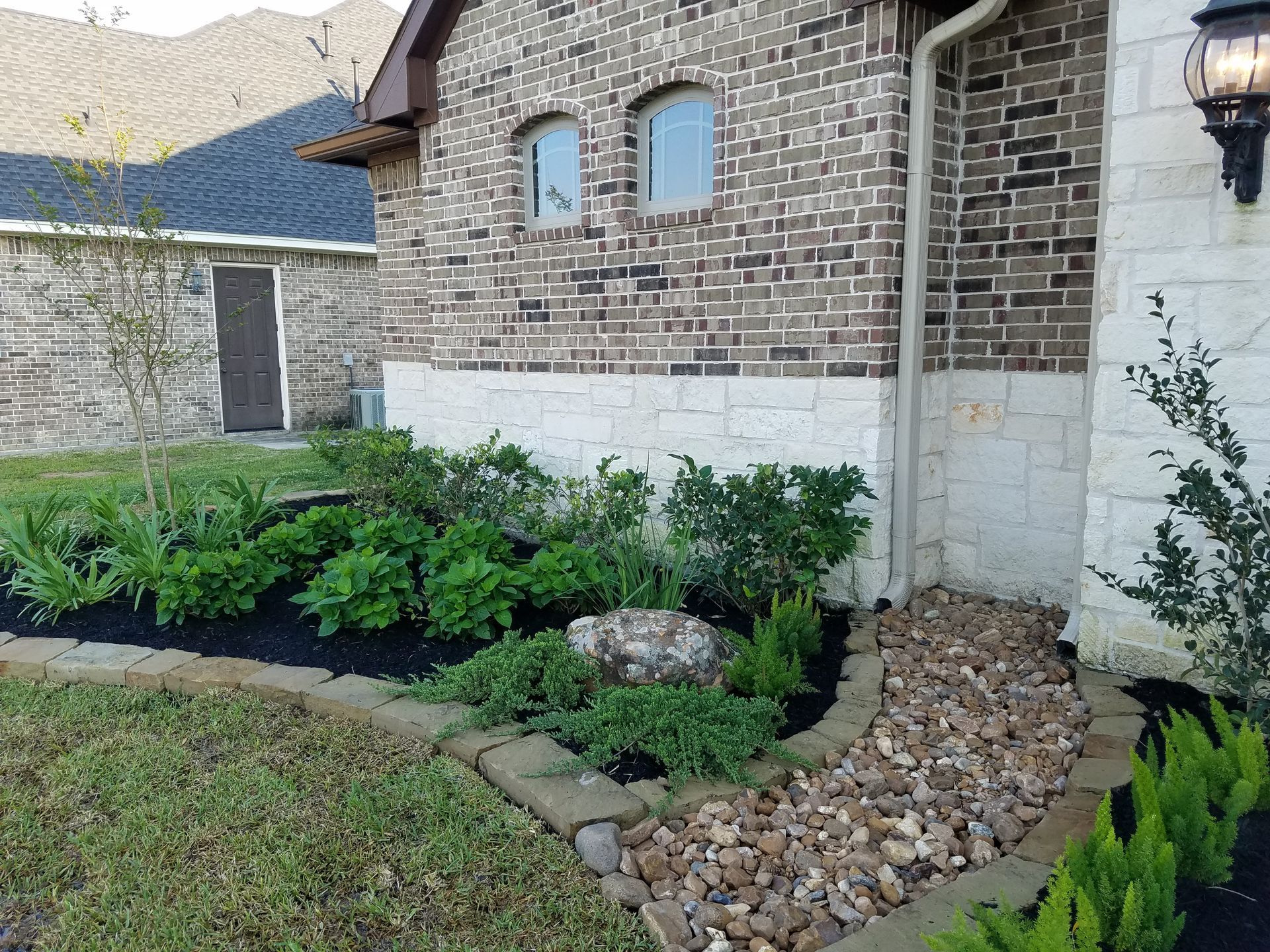 Front yard landscaping with brick and stone house, green plants, and mulch.