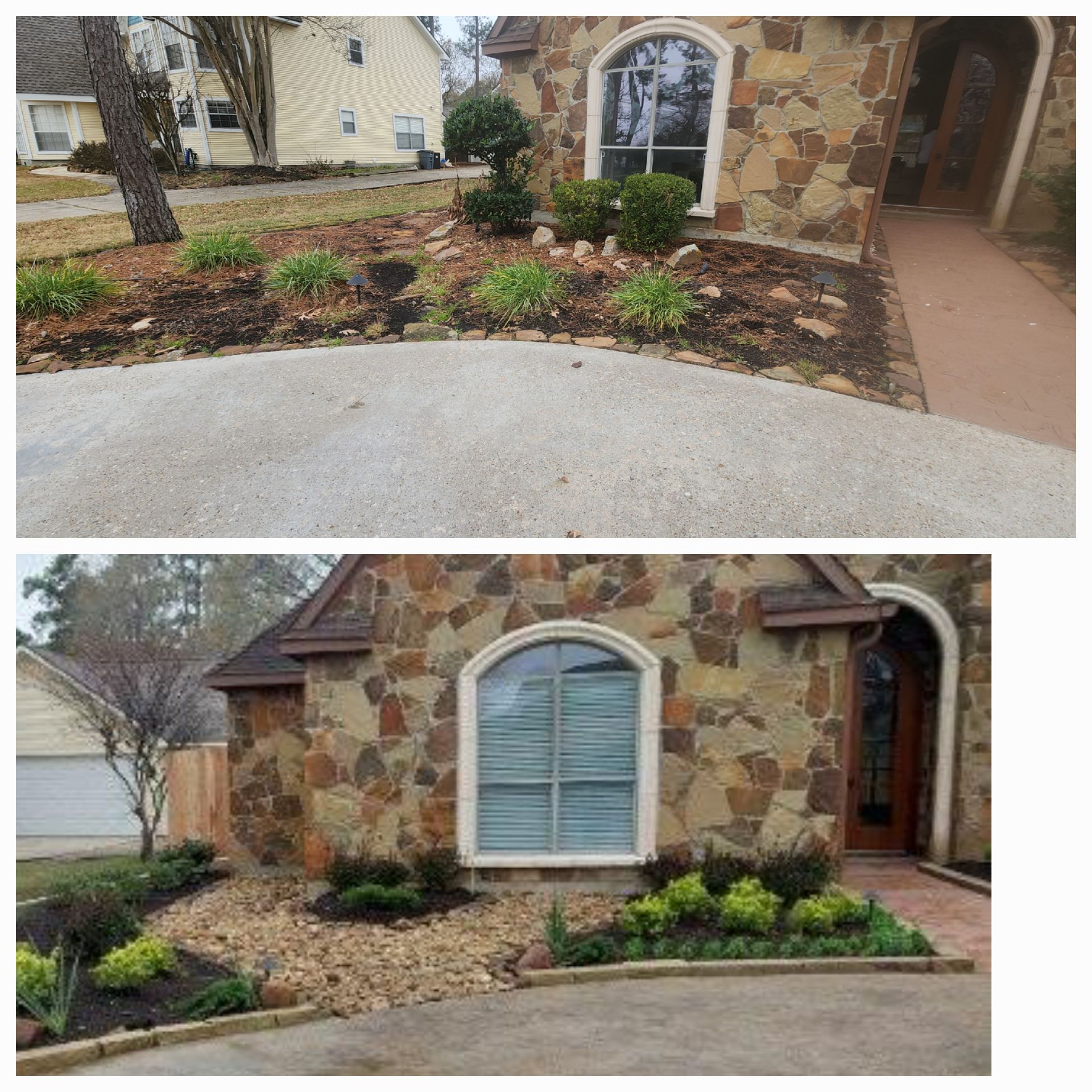 Two views of a house with stone facade, showing garden bed and walkway.