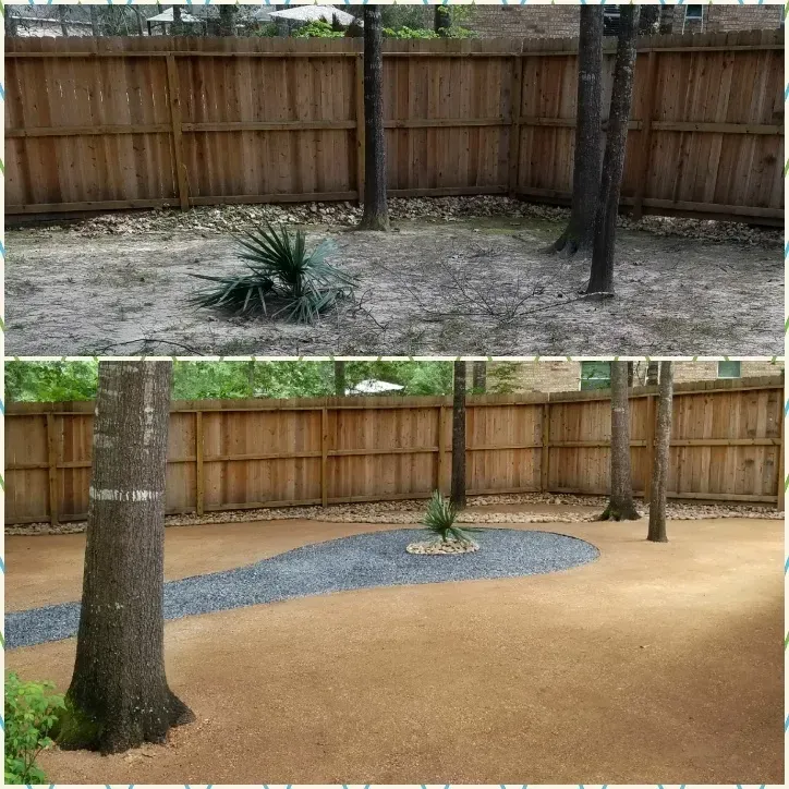 Before and after of a backyard landscaping project: gravel pathway and tan ground cover against wooden fence.