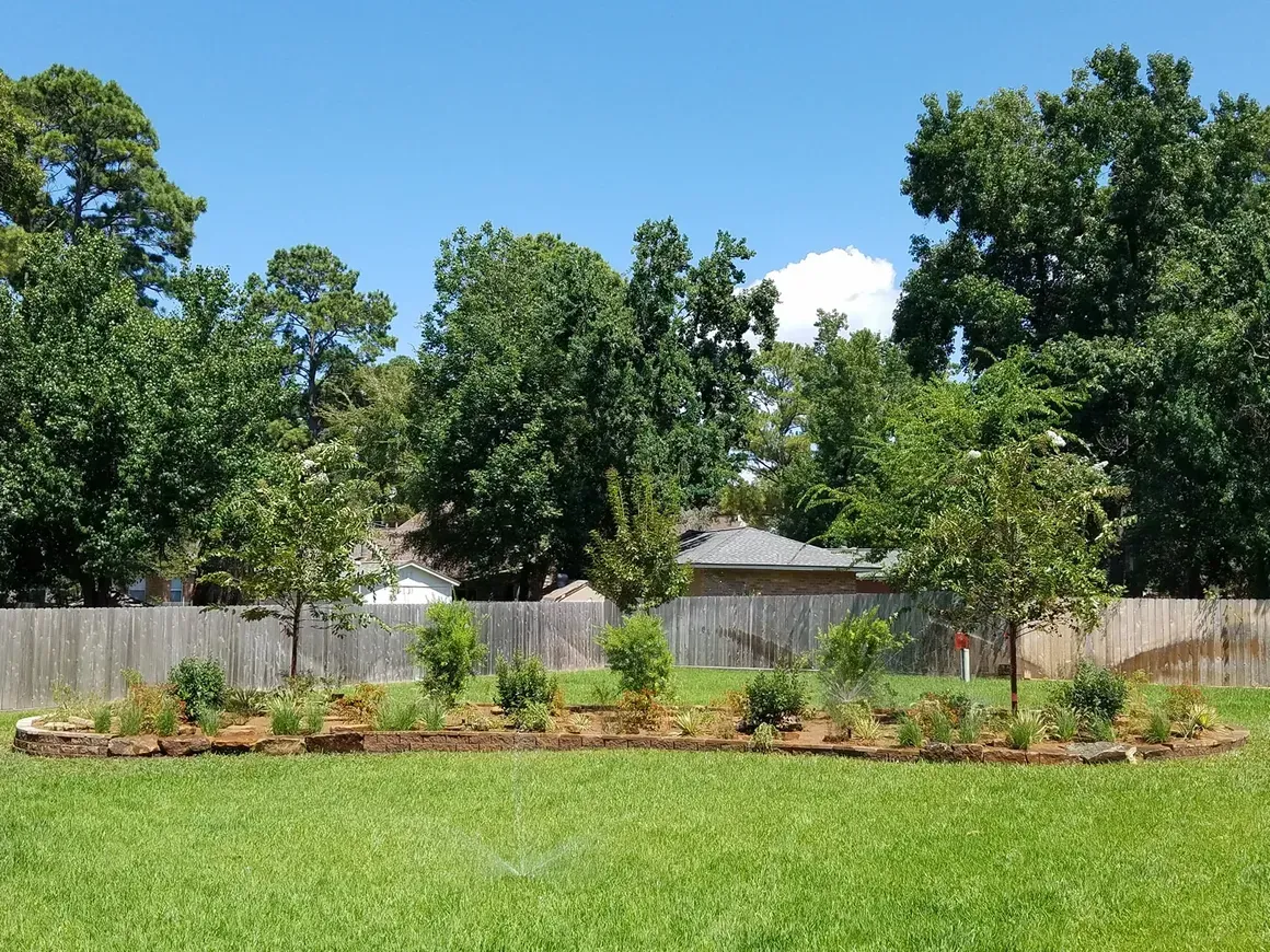 A backyard garden bed with green grass, wooden fence, and trees under a blue sky.