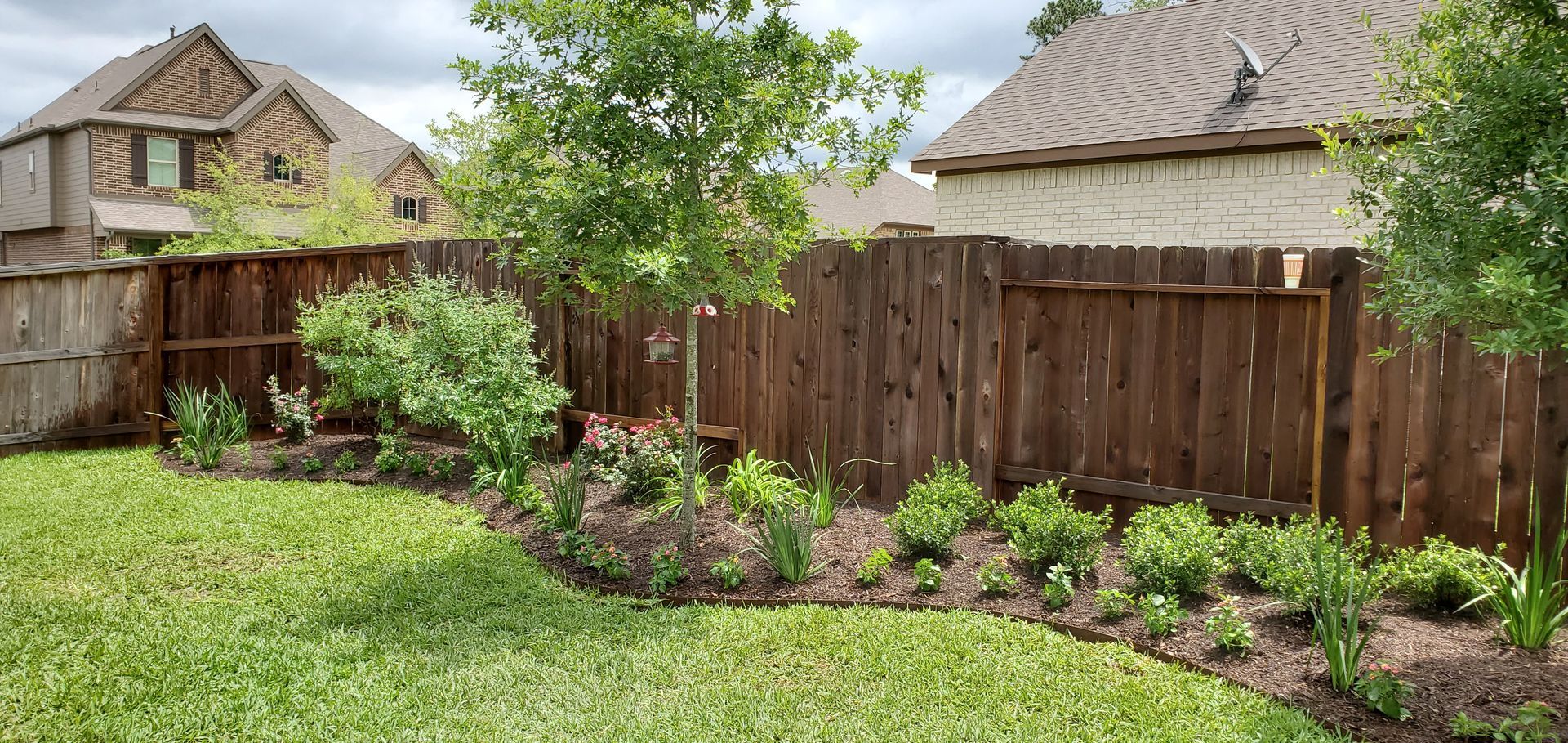 Backyard with wooden fence, garden bed, and green lawn. A house is visible in the background.