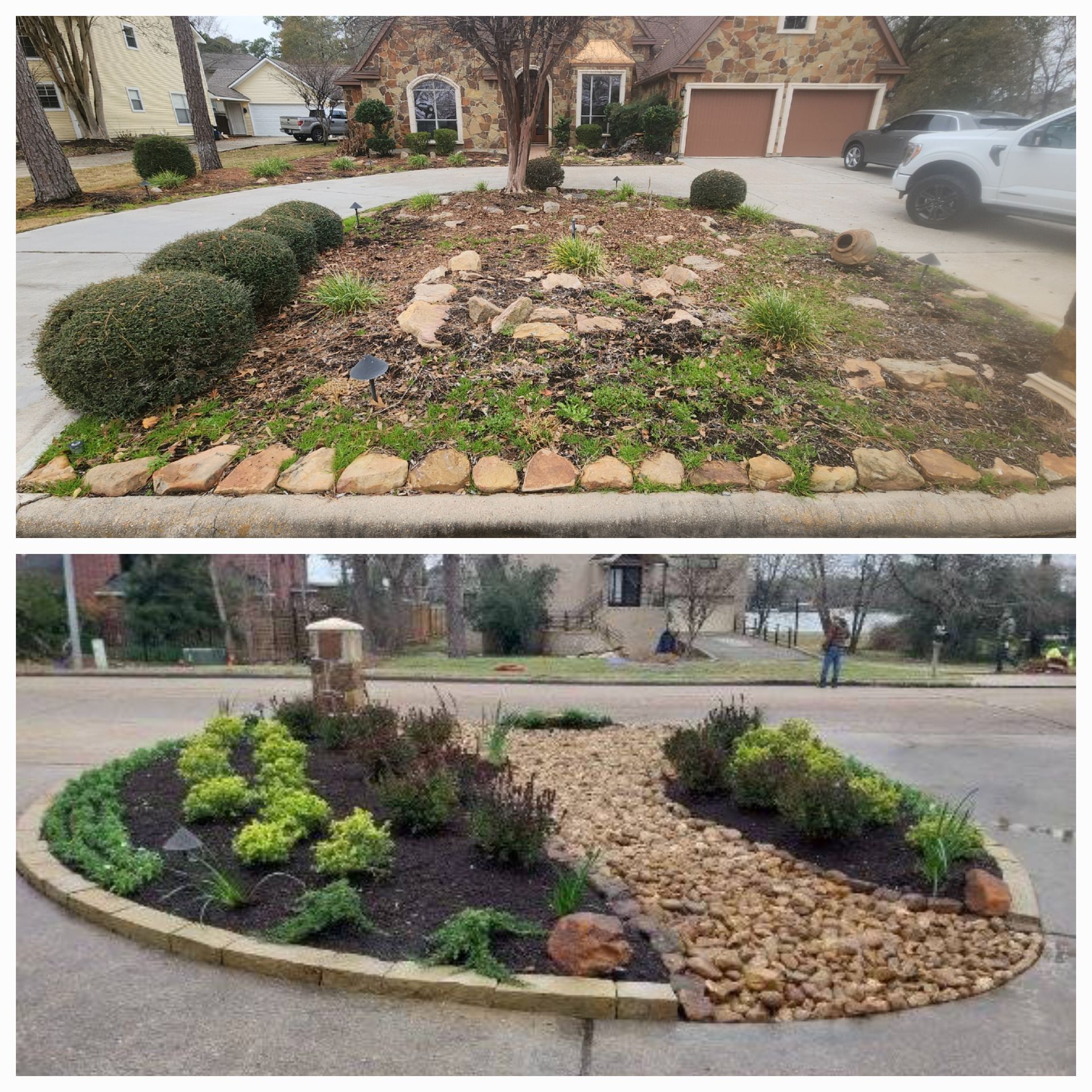 Before-and-after of a landscaped traffic island. Top: unkempt with weeds. Bottom: newly planted with a stone path and greenery.