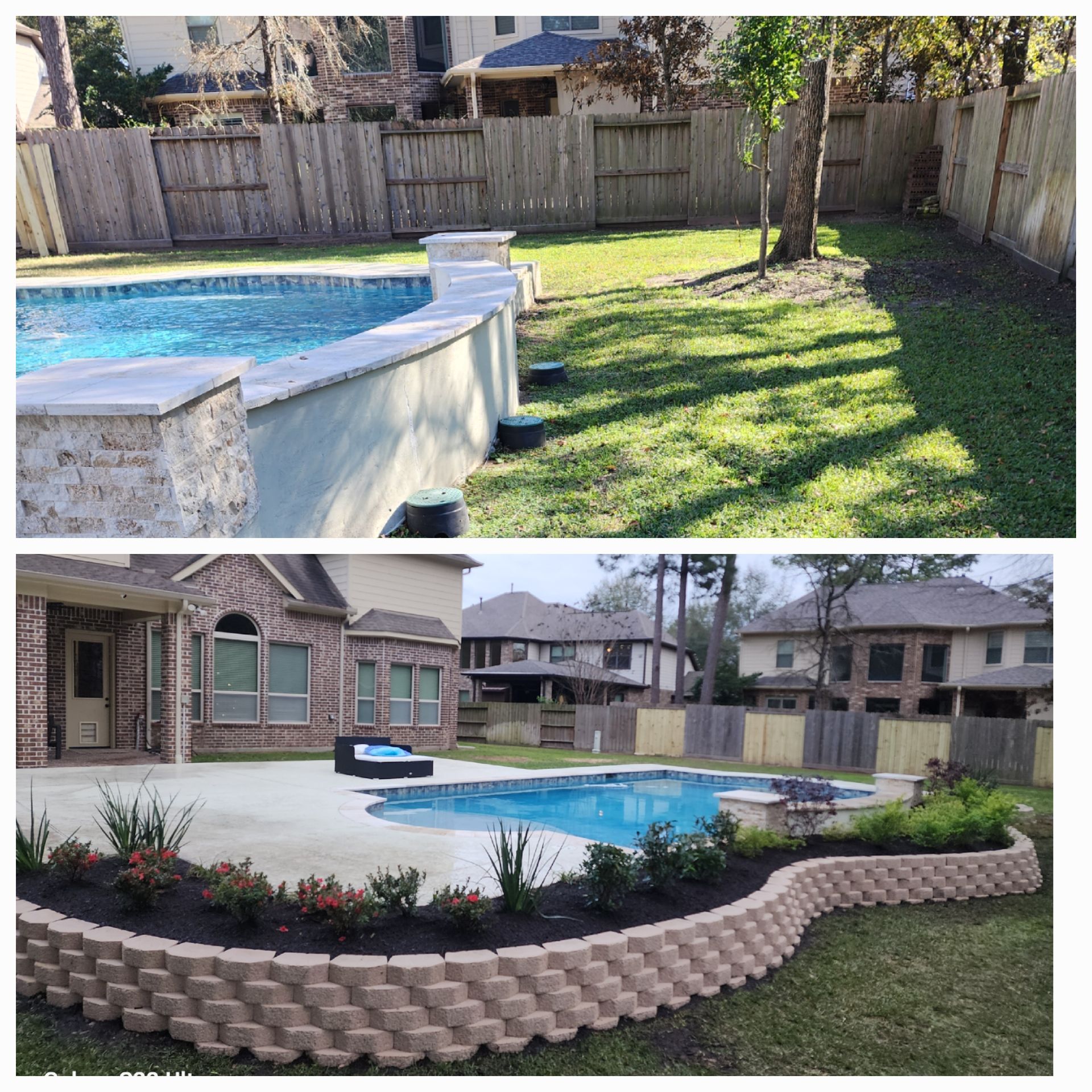 Before and after photos of a backyard pool area with a new patio and landscaping.
