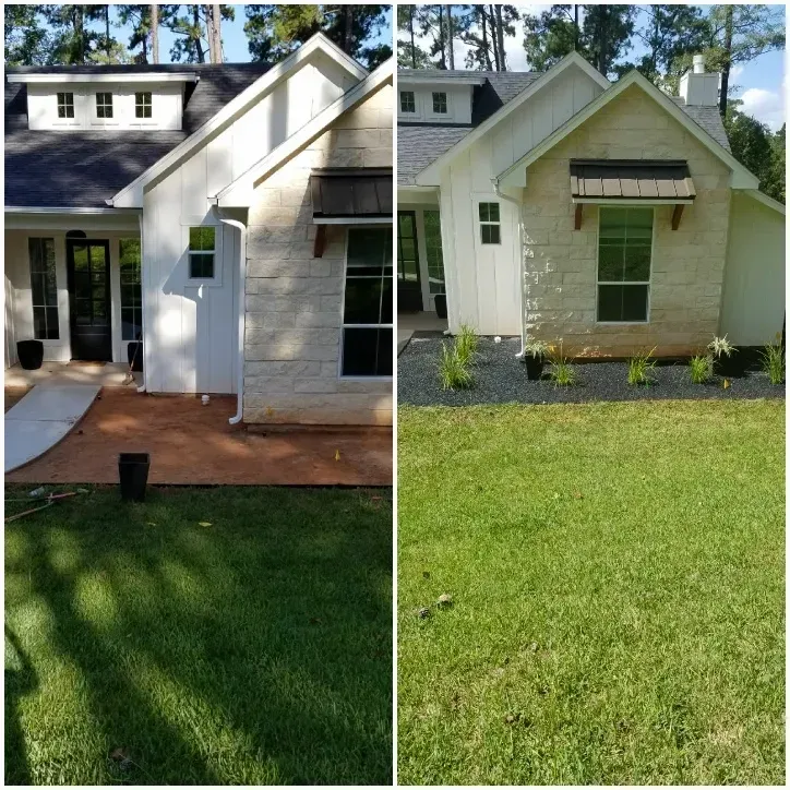 Split view of a house; one side has dark pavers, the other has grass. White exterior, black trim, and a small awning.