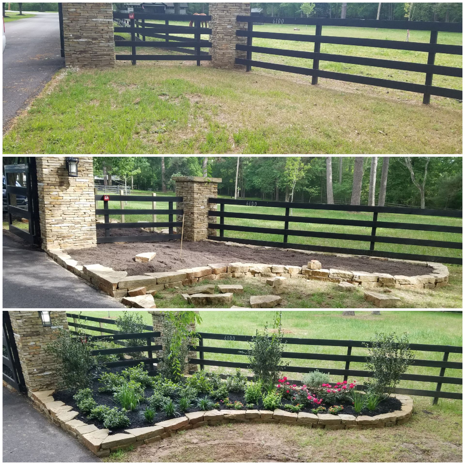 Progress of a garden bed: grassy area, dirt beds, planted flowers. Stone border and black fence.