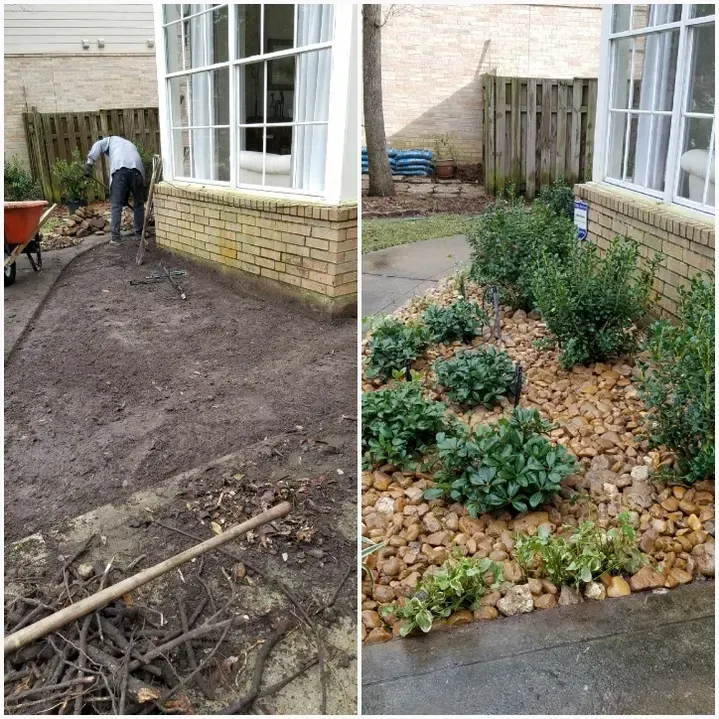 Before-and-after of garden bed landscaping: man raking soil, then bed with shrubs and stones.