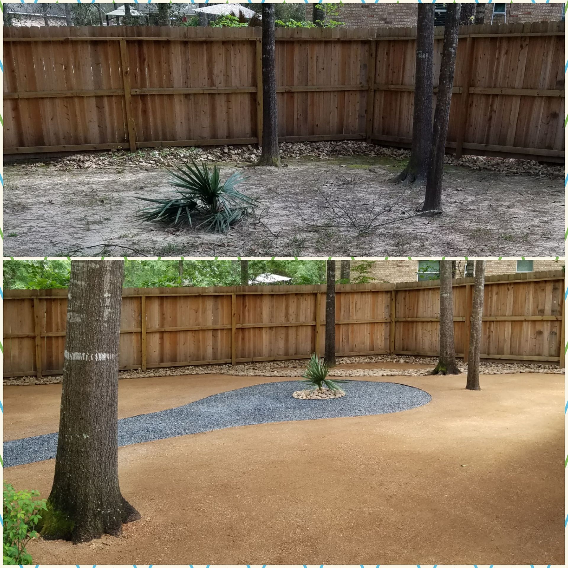 Comparison of a backyard before and after renovation: brown fence, trees, and ground. The after features tan ground with a gravel path.