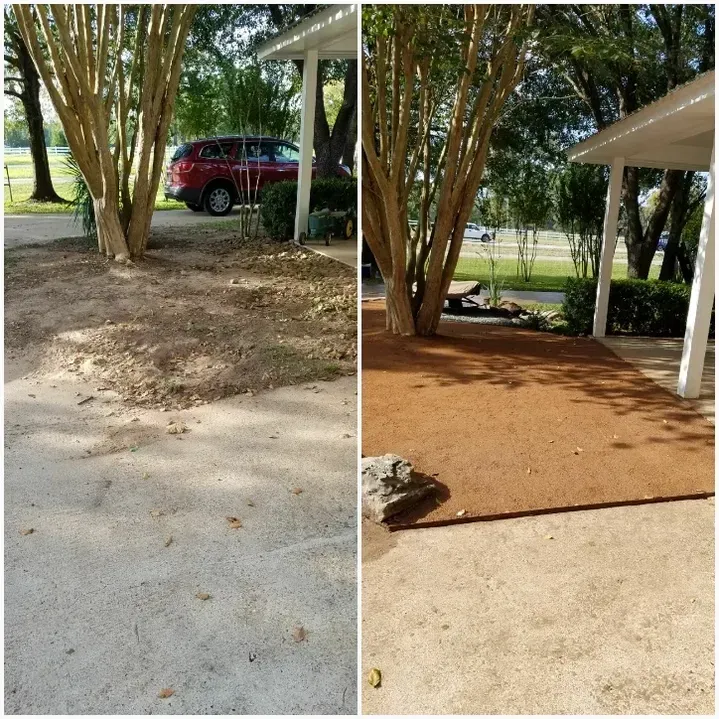 Before and after view of a yard. Brown mulch replaces dirt around a tree near a porch.