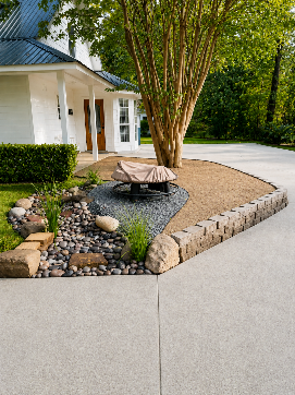 Landscaped yard with a water feature, bordered by retaining walls and mulch, beside a white house.