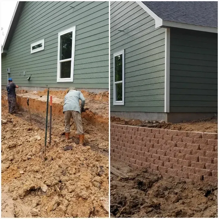 Construction workers building a retaining wall next to a house with green siding; before and after shots.