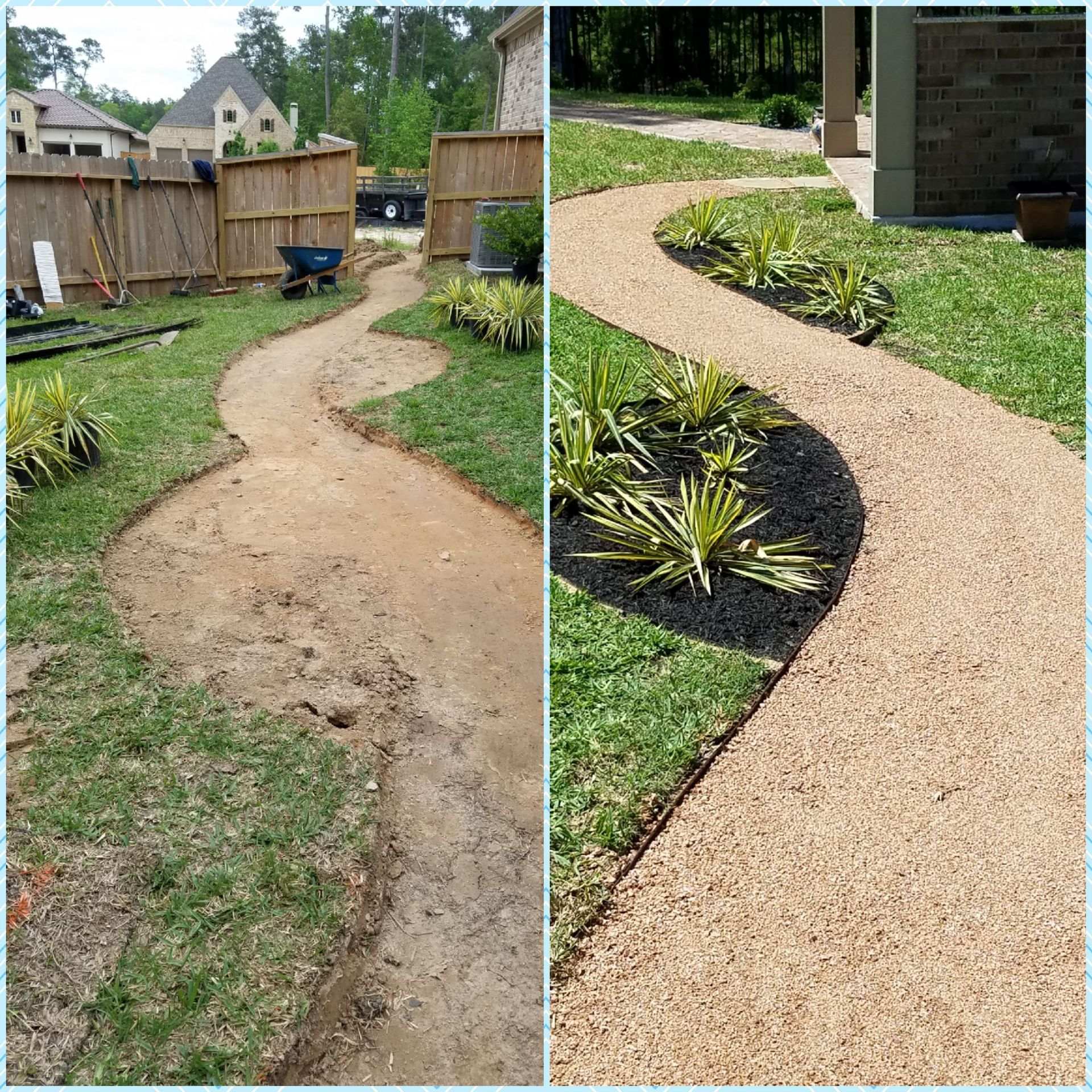 Side-by-side comparison: before (left) and after (right) gravel pathway. The "after" pathway is bordered by black mulch and plants.