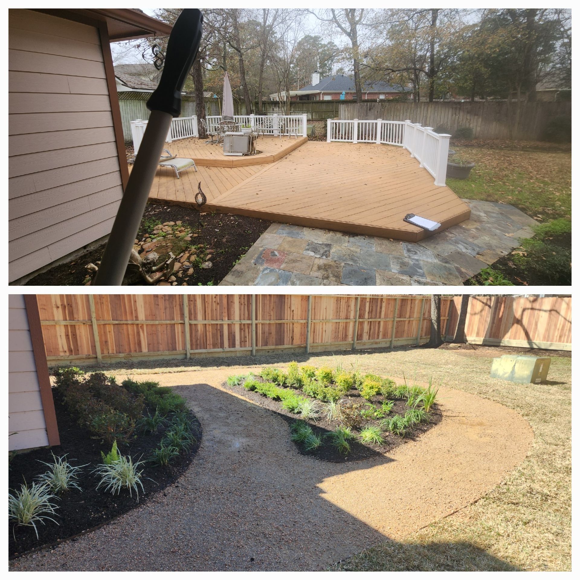 Top: Newly built deck, surrounded by a white railing and a gray stone path. Bottom: Gravel path curves through yard and garden beds.