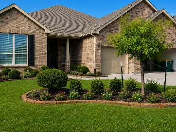 Single-story brick suburban house with a manicured lawn and driveway
