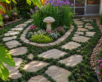 Curved stone garden path around a small mushroom statue with purple flowers and greenery