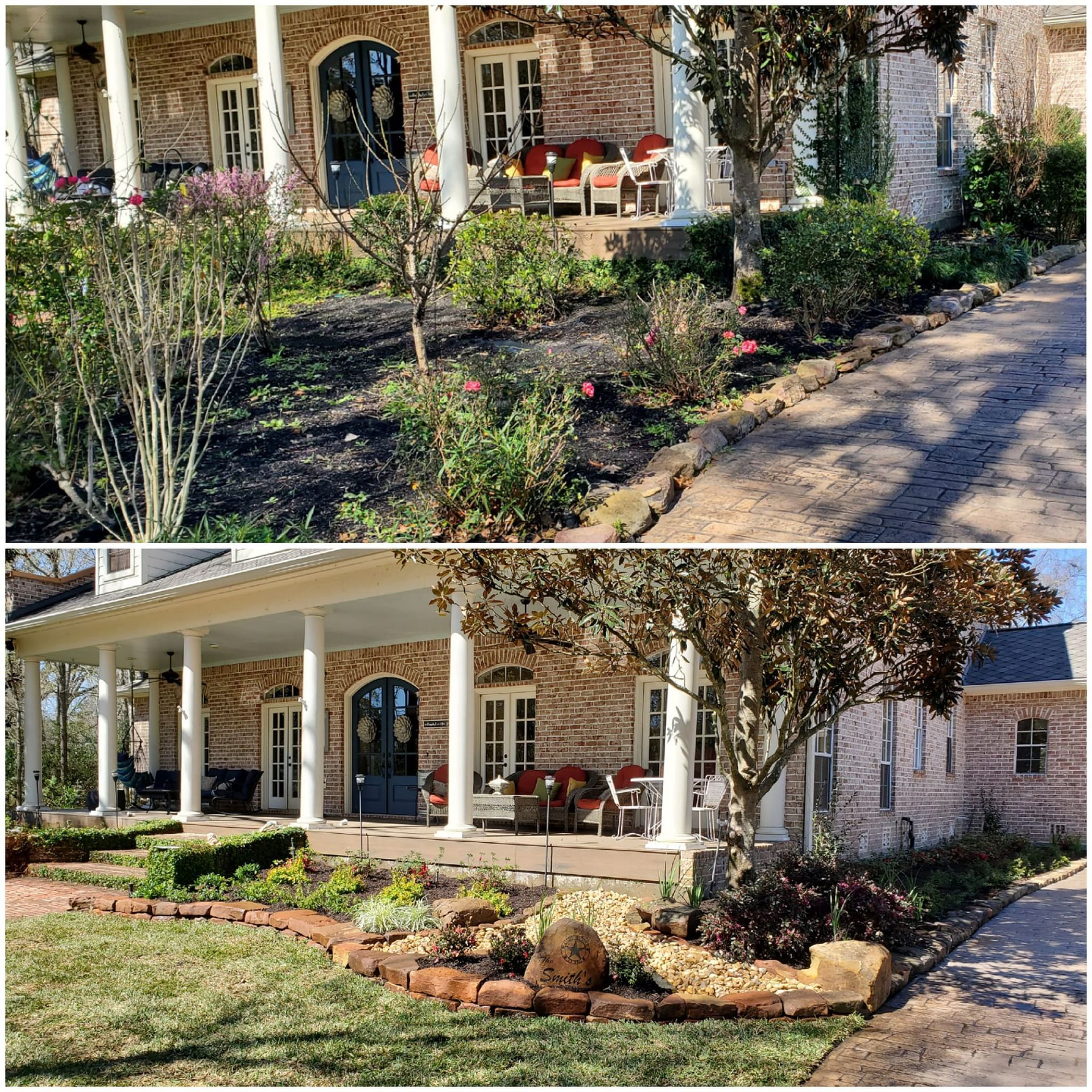 Before and after view of a house's exterior with landscaping improvements, including trimmed bushes and lawn.