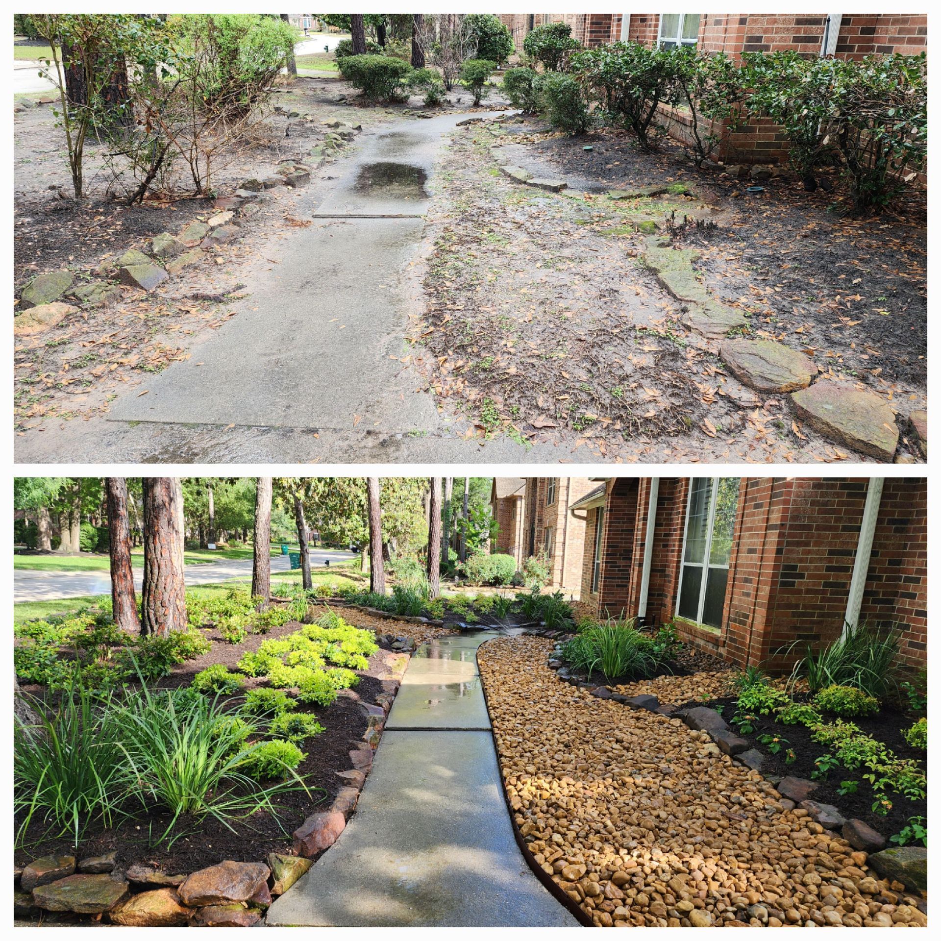 Before and after view of a walkway; formerly cracked concrete, now a stone path with landscaping.