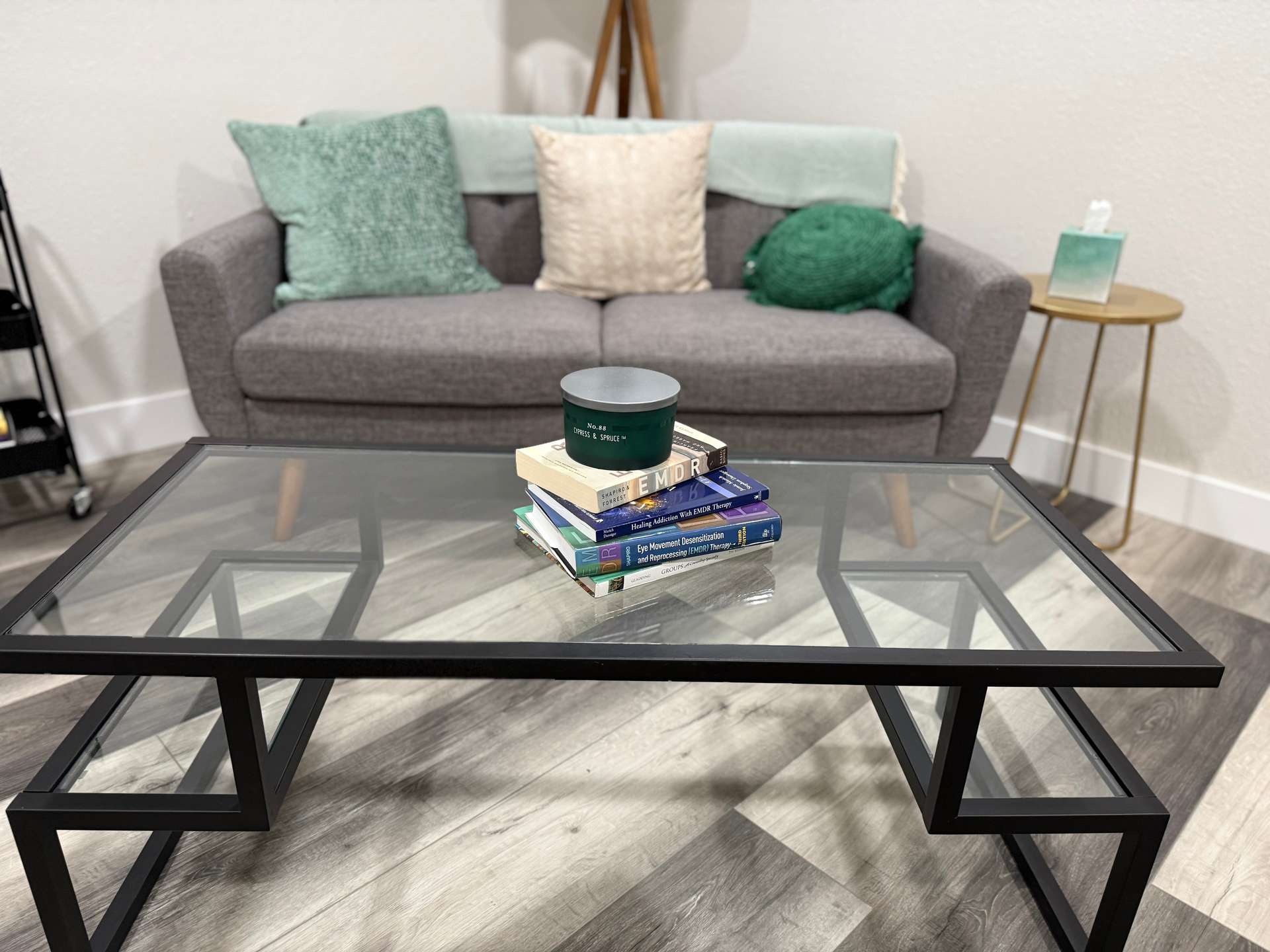 Gray sofa with pillows, glass coffee table with books, and a side table.