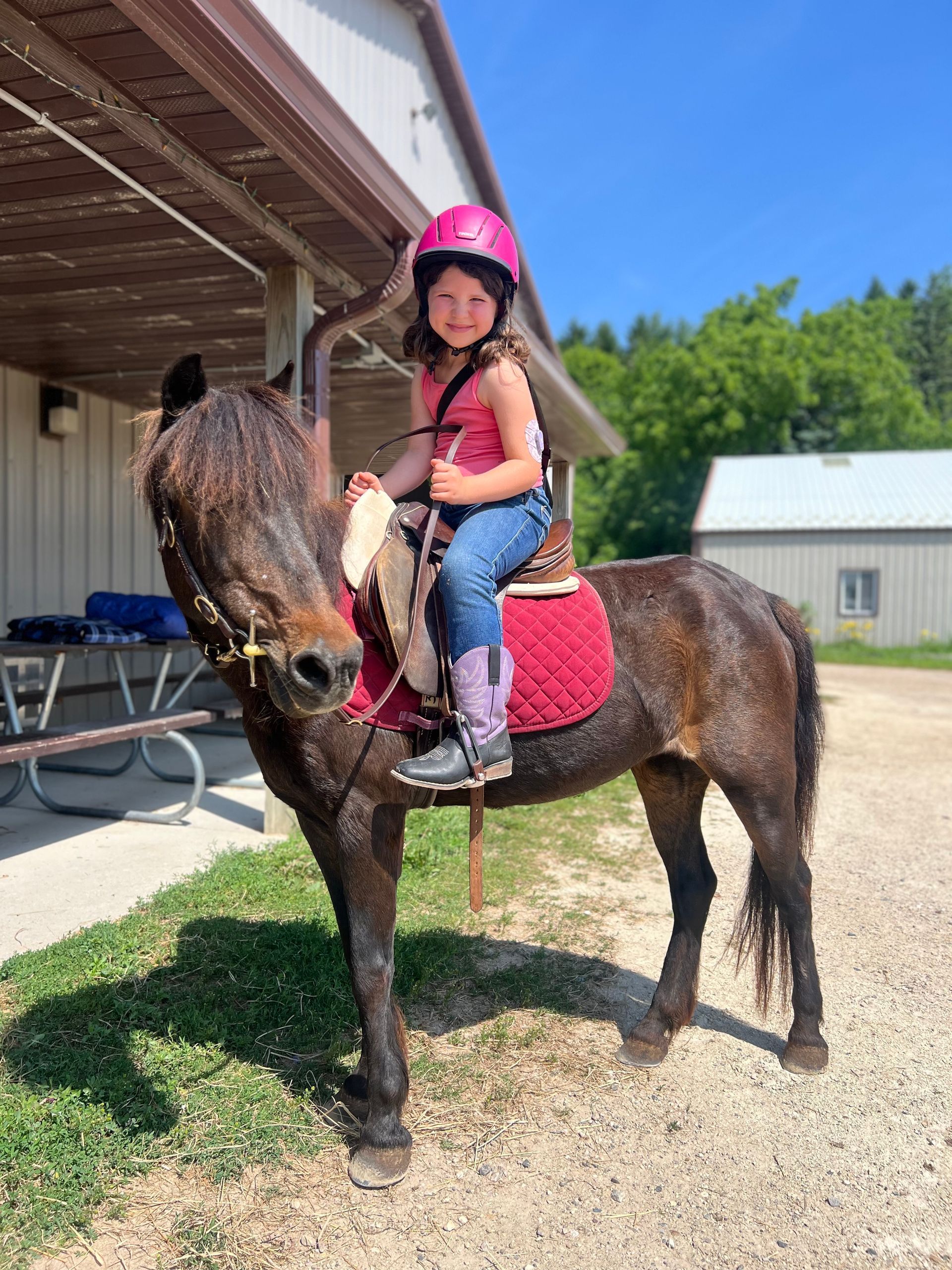 Girl with pink helmet riding a brown pony outdoors.
