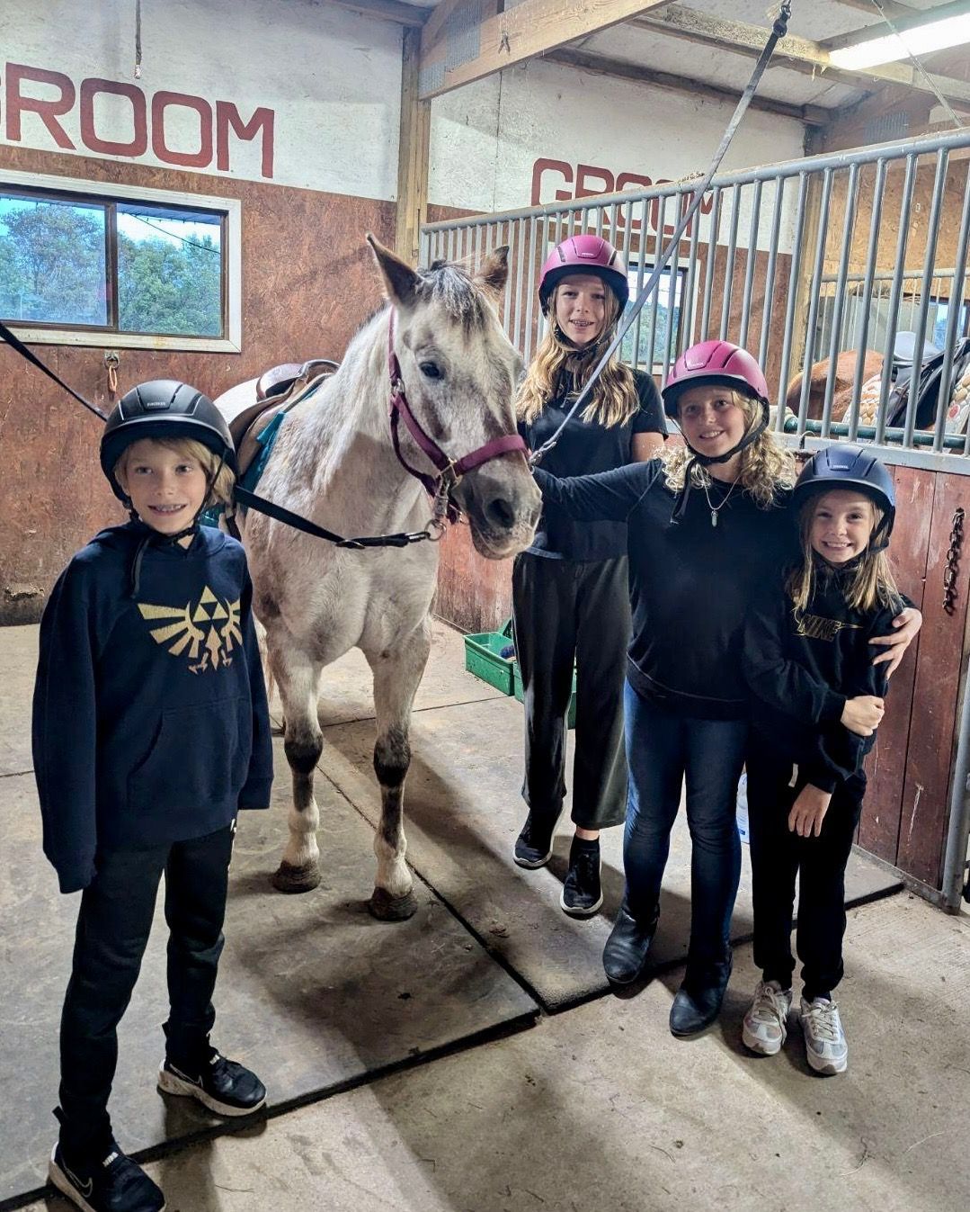 Children pose with a dappled horse inside a stable, wearing riding helmets.