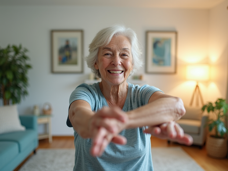 Smiling woman stretching arms in a bright living room with sofa and lamp